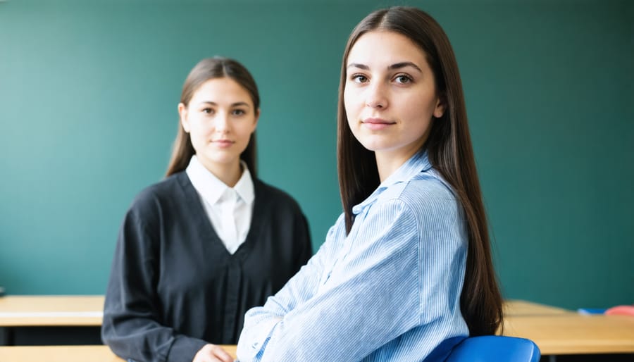 Teacher providing supportive guidance to student during classroom work
