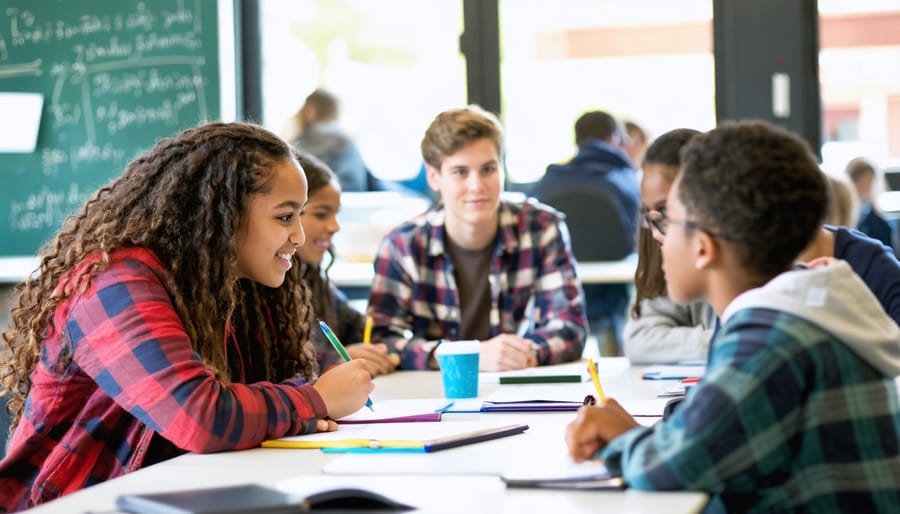 Teacher facilitating while diverse students collaborate at clustered tables in a bright classroom; eye-level wide shot with natural daylight and softly blurred background, no legible text visible.