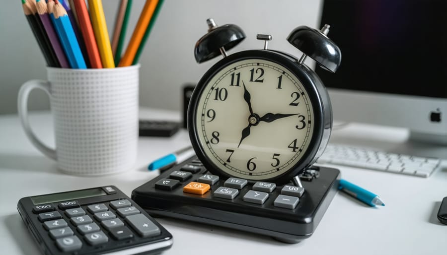 Calculator and notebook on desk for calculating hourly creative rates