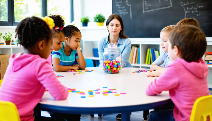 Teacher guiding diverse 8–12-year-old students in deep breathing around a classroom table with colorful mood tokens and a clear sticker jar, softly lit by natural daylight, with blurred shelves and a blank bulletin board in the background.