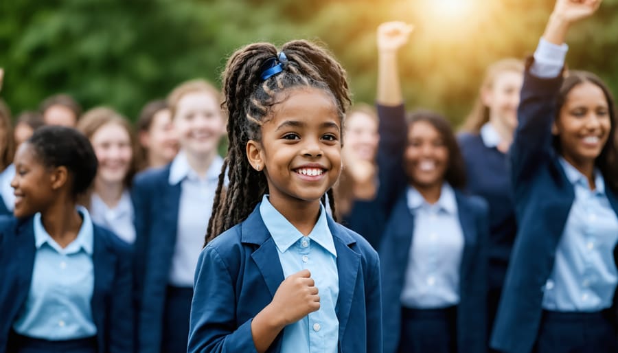 Teacher and students celebrating together with high-fives and raised arms in classroom