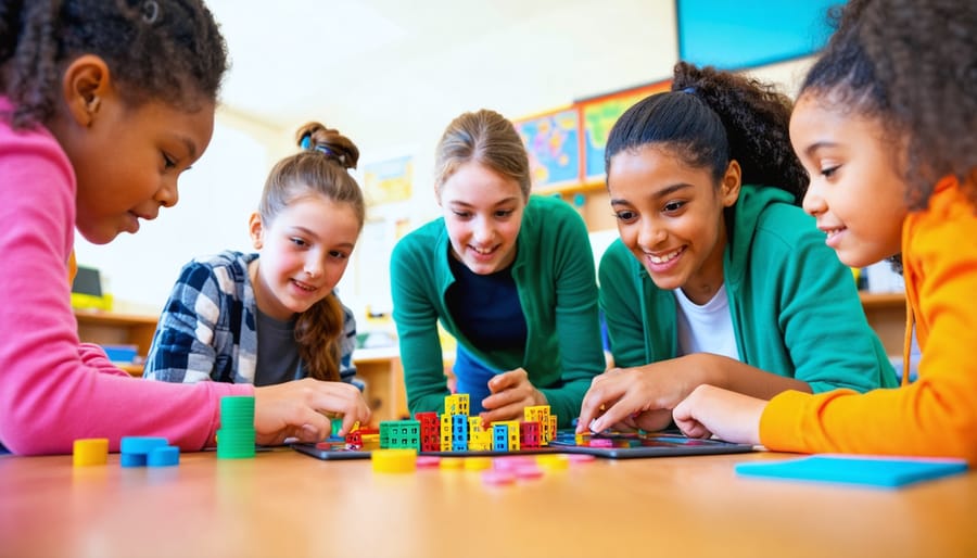 Diverse middle school students and a teacher lean over a classroom table, smiling as they move colorful tokens and reference glowing tablets, with blurred shelves and a whiteboard in the background.