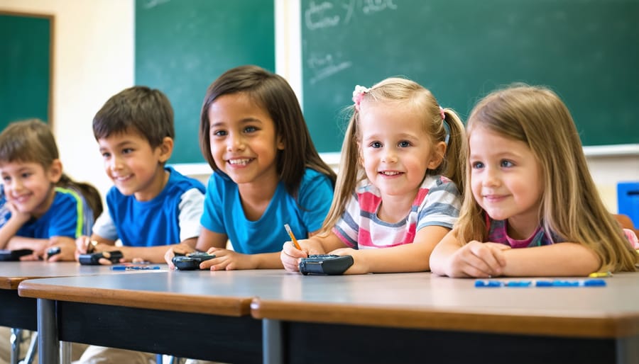 Teacher leading group of kindergarten students in active learning game in classroom