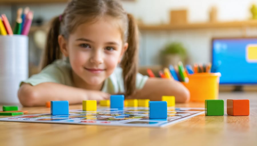 Overhead view of teacher arranging colorful game materials on table with students gathered around
