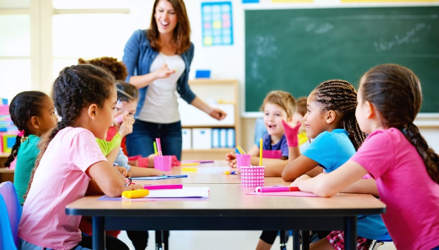 Teams of students play a classroom review game with a buzzer while a teacher facilitates, photographed at eye level in soft daylight with a blurred whiteboard and shelves in the background.