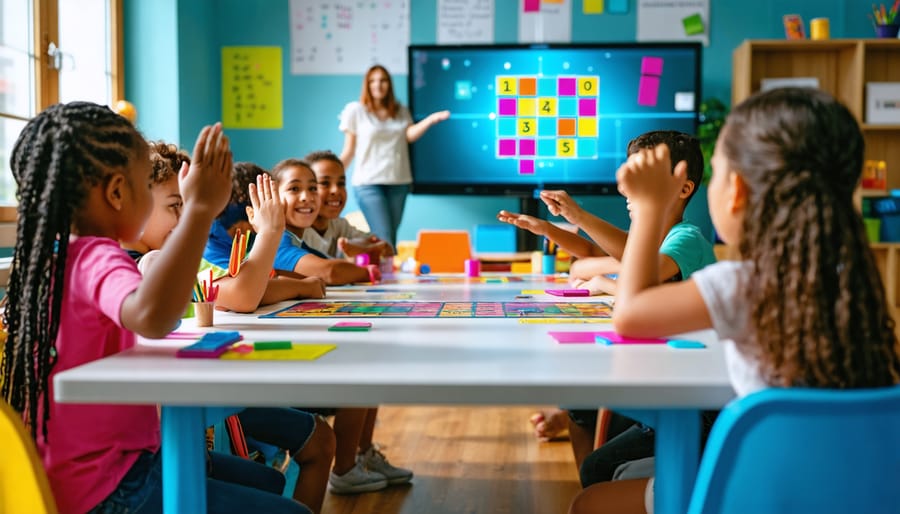 Teacher leads teams of 3–4 students in a game-show-style rules activity; students raise hands with buzzers at tables while a colorful grid board glows on a screen in the blurred background.