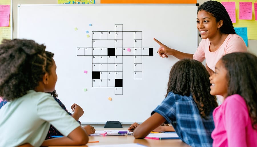 Teacher guiding a diverse group of middle school students collaborating at a table while looking at a whiteboard with a blank puzzle grid in a bright classroom.
