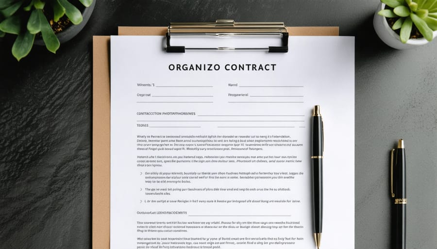 Overhead view of contract documents and educational design materials on designer's workspace