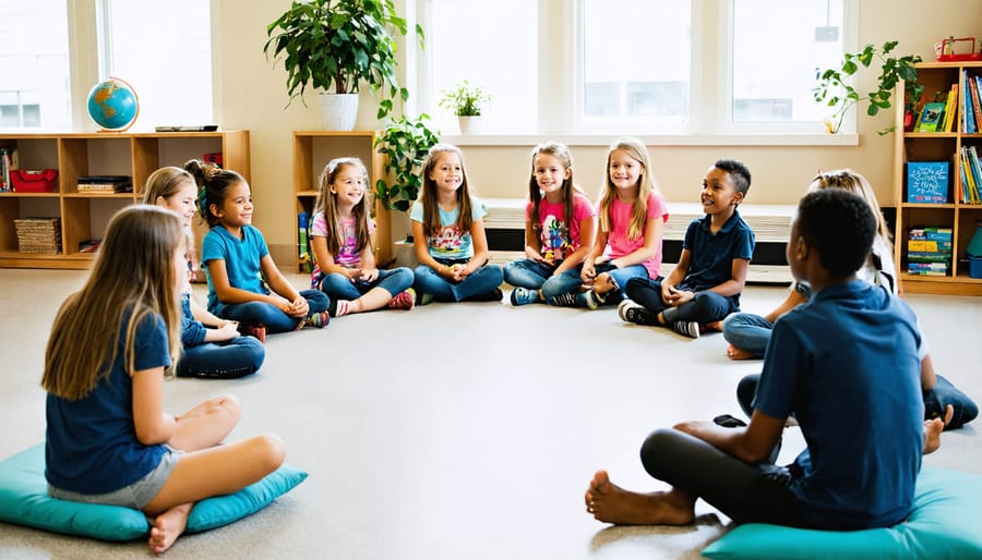 Diverse preteens and a teacher sit in a circle on floor cushions and low chairs, talking at eye level in a sunlit classroom with shelves, plants, and a globe softly blurred in the background