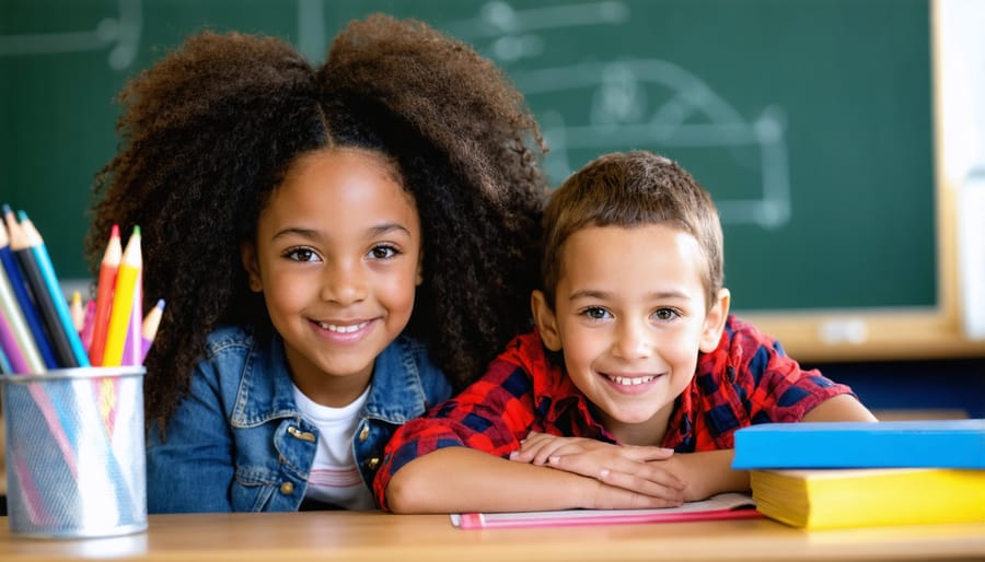 Teacher kneeling at student level while meeting with diverse group of elementary students in circle on classroom floor