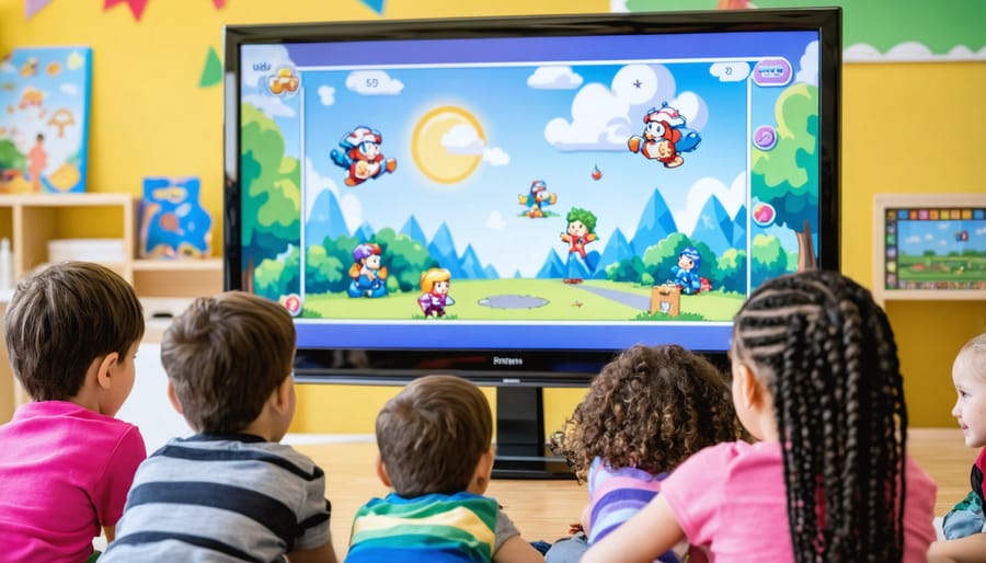 Teacher using interactive PowerPoint game on smart board with kindergarten students