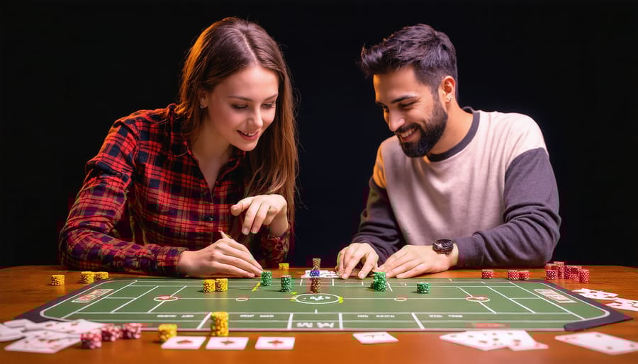 Teacher holding tablet showing PowerPoint game template with students working in pairs in background