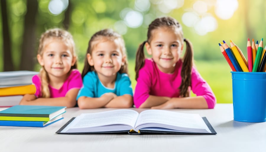Kindergarten students engaged with interactive vocabulary game displayed on classroom screen