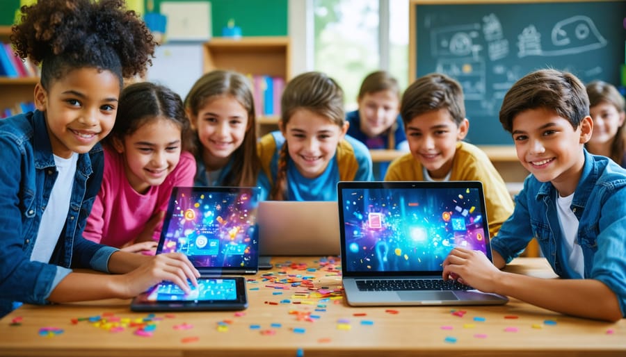 Diverse middle school students using laptops and tablets in a bright classroom, screens showing colorful textless game-like visuals, with a teacher guiding from the side and a softly blurred whiteboard and shelves in the background