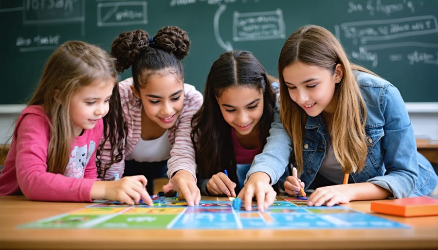 Elementary students sitting in groups with raised hands showing enthusiasm during classroom activity