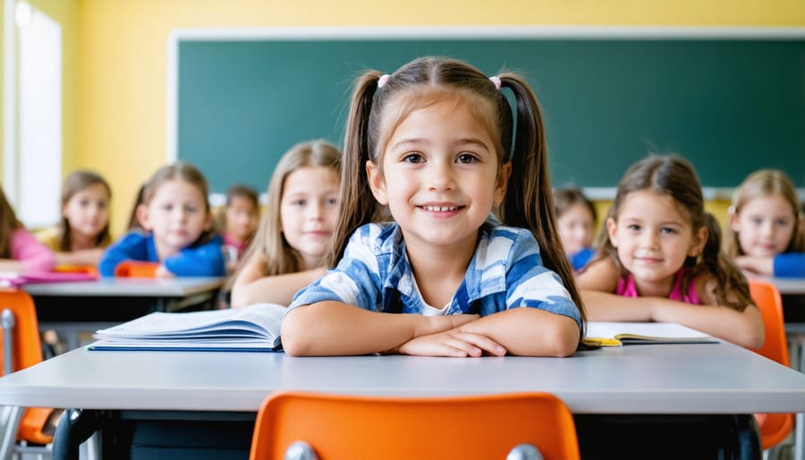 Elementary students sitting attentively in organized classroom rows showing positive engagement