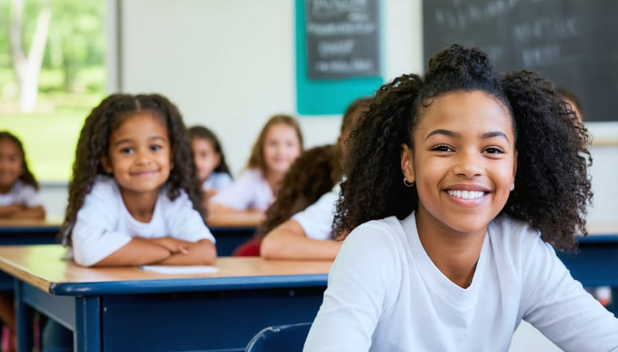 Diverse group of elementary students enthusiastically raising hands in classroom circle