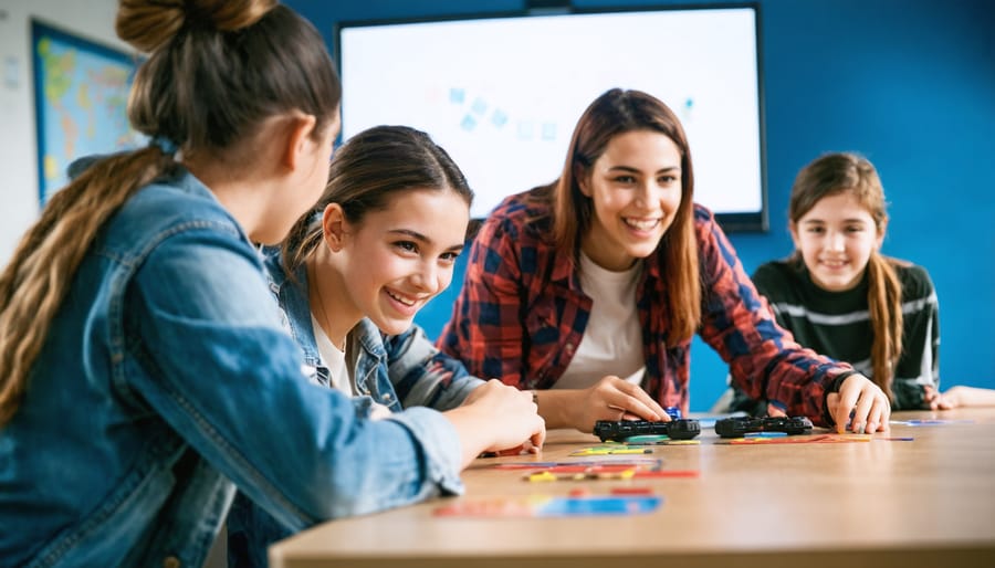 Diverse group of enthusiastic students with raised hands participating in classroom activity