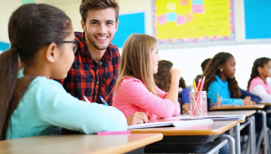 Students actively engaged in collaborative classroom discussion with enthusiastic body language