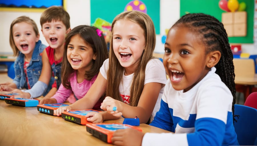 Elementary students enthusiastically raising hands during interactive classroom lesson