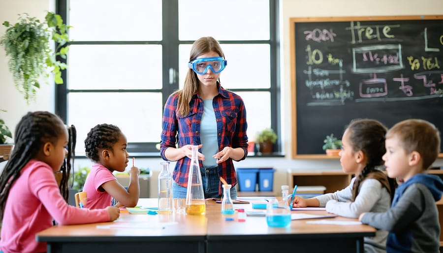 Teacher centered between two student groups in a modern classroom—one doing a hands-on science experiment with goggles, the other seated and attentive—under soft natural light with shelves and plants in the background.