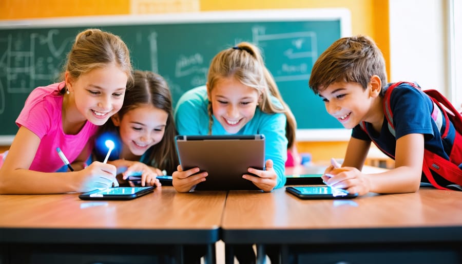 Diverse middle school students compete in small teams using tablets and buzzers as a teacher facilitates in a bright classroom with blurred posters and whiteboard.