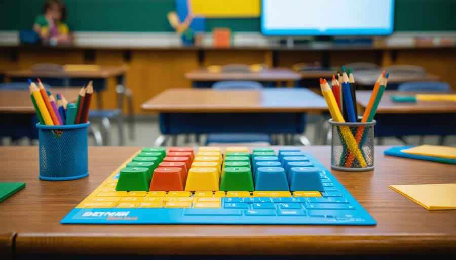Teacher organizing colorful game materials and point cards for classroom assessment activity