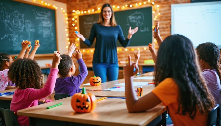 Teacher guiding a Halloween trivia game while diverse student teams raise hands with buzzers in a decorated classroom; projector screen softly glowing with no readable text.