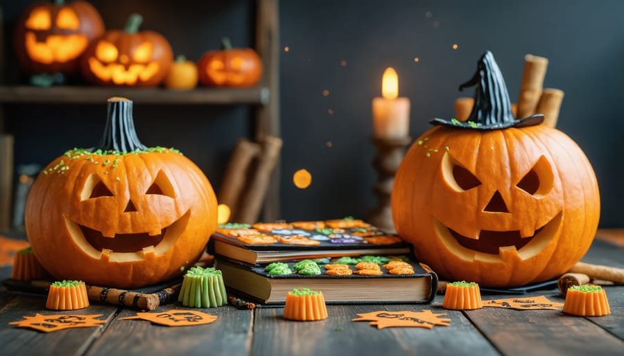 Overhead view of organized Halloween trivia game setup with team sections and decorations