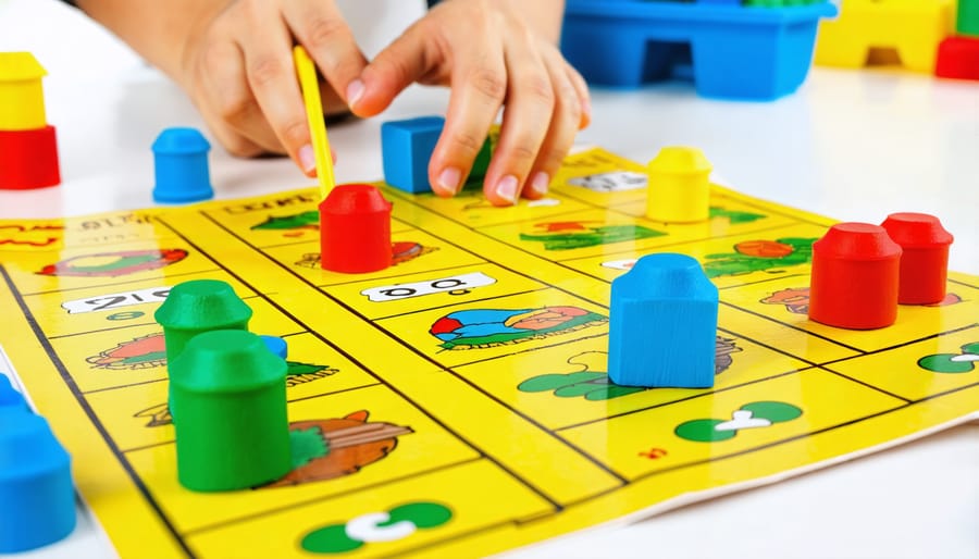 Children's hands working with colorful letter and number manipulatives during kindergarten learning game