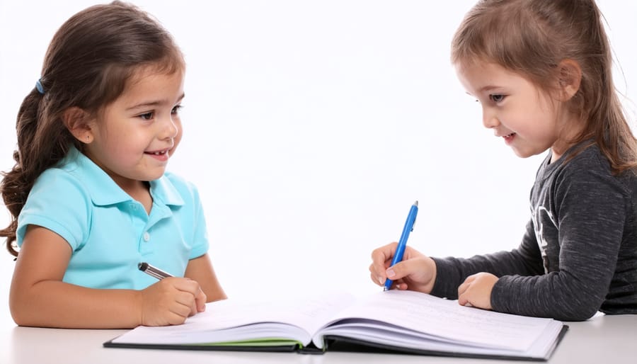 Parent's hands writing notes in notebook with documents and laptop on table