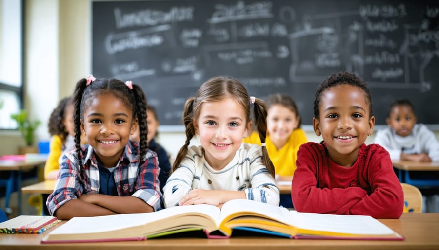 Classroom reading corner with diverse books and cultural artifacts representing multiple student backgrounds