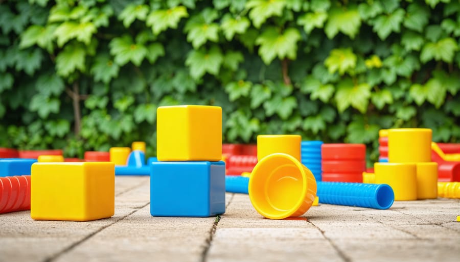 Indoor obstacle course setup with foam stepping stones and pillows for toddler movement activities