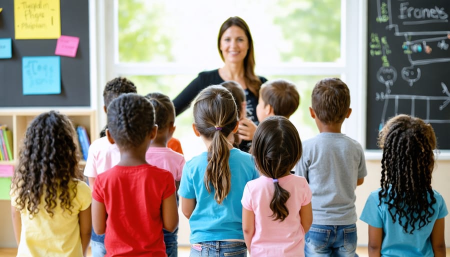 Teacher by a classroom door demonstrates a quiet lineup while a diverse group of students practice, lit by soft natural daylight with blurred classroom posters and shelves in the background.