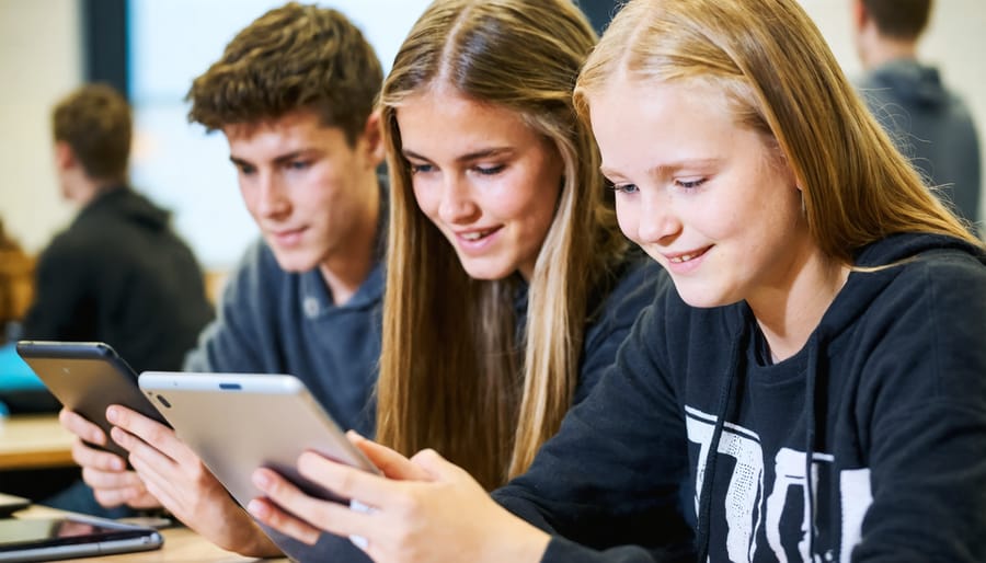 Elementary students working separately on individual iPads at their desks in a classroom