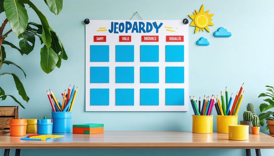 Overhead view of colorful cards arranged in game board grid pattern on classroom table