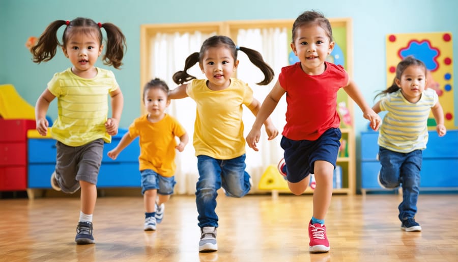Kindergarten children jumping and playing actively during an interactive vocabulary game in a colorful classroom