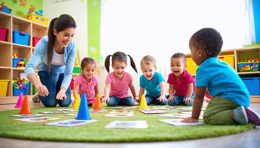 Diverse kindergarten children playing a movement game on a colorful circle rug as a smiling teacher leads, with bright natural light and blurred shelves of puzzles and sensory bins behind.