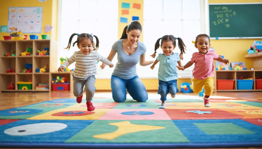 Teacher guiding four kindergarten children hopping between colorful floor shapes and holding animal picture cards during an interactive classroom game, with soft natural light and a blurred classroom background.