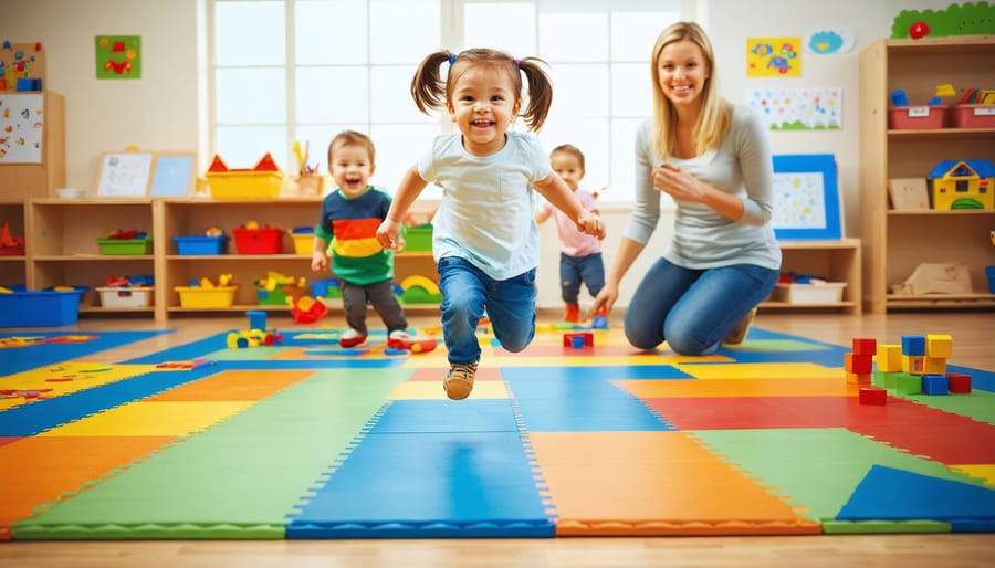 Diverse five-year-old children jump between colorful floor shapes in a bright kindergarten classroom while a smiling teacher guides them; natural daylight and softly blurred shelves and artwork in the background.