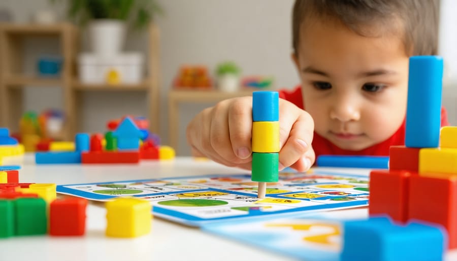 Close-up of kindergarten student's hands using colorful letter and number learning manipulatives