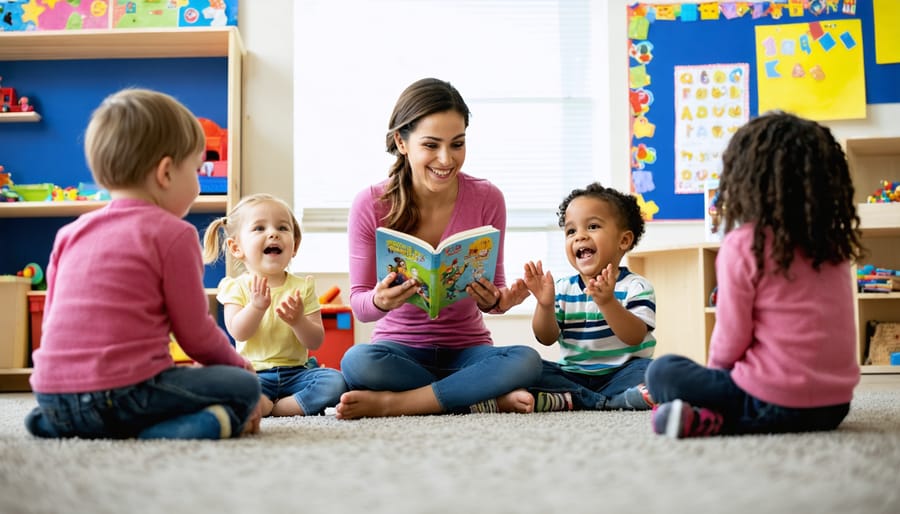 Five-year-old students in a classroom circle jump and clap while a teacher reads from a picture book, with colorful shelves and a screen softly blurred in the background.