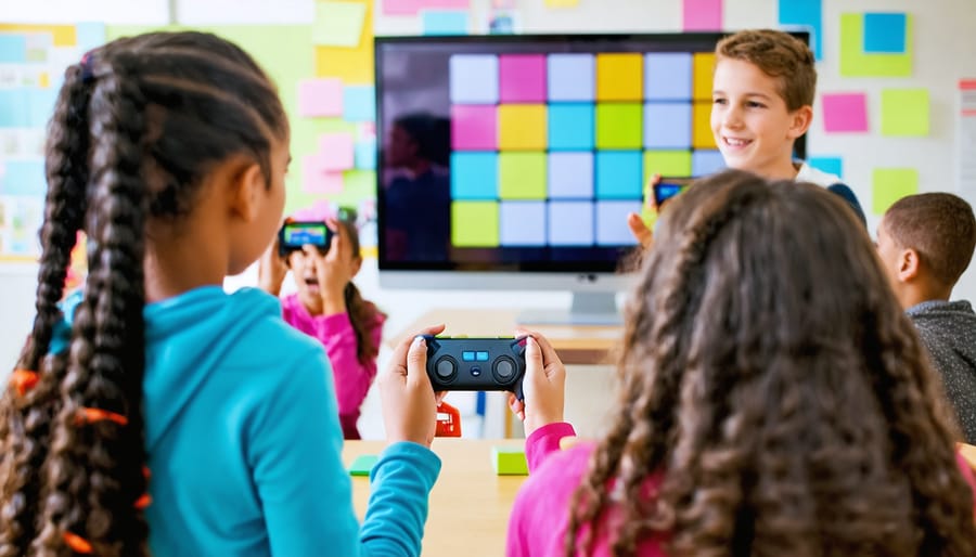 Teacher facilitates a team-based review game in a middle school language arts class as diverse students use handheld buzzers; a colorful but text-free projected game board glows in the background.