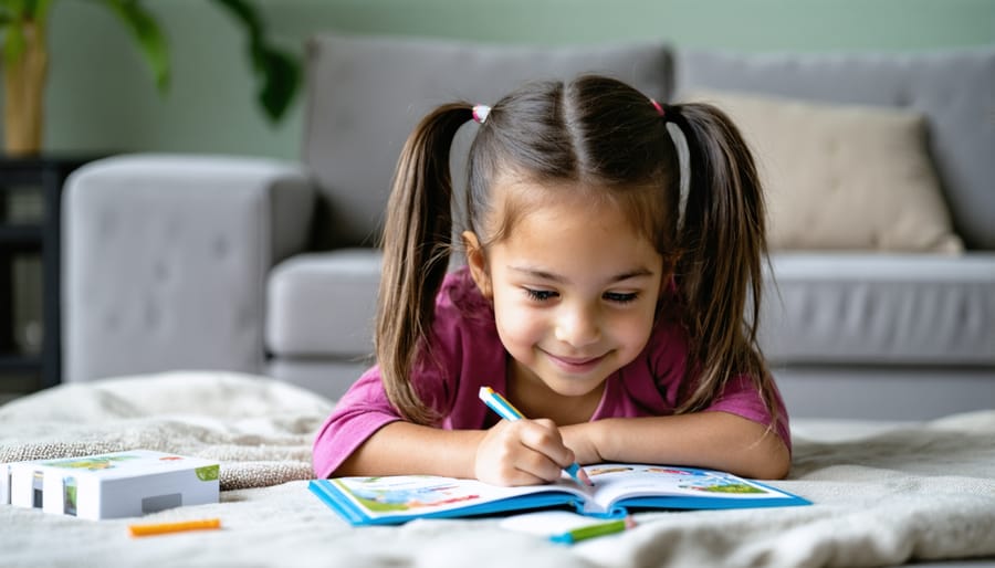 Parent and child playing educational game together on floor at home