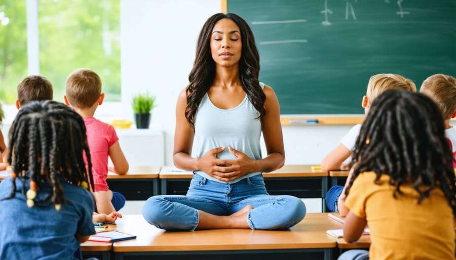Teacher guiding diverse elementary students with hands on their bellies during a breathing exercise in a softly lit, tidy classroom with plants and a whiteboard in the background, no visible text.