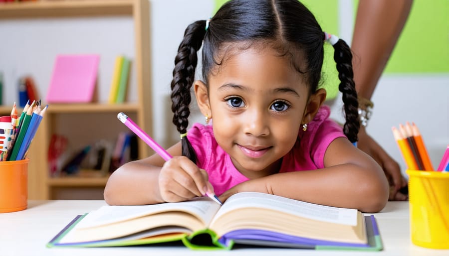 Parent and child working together on educational materials at home table