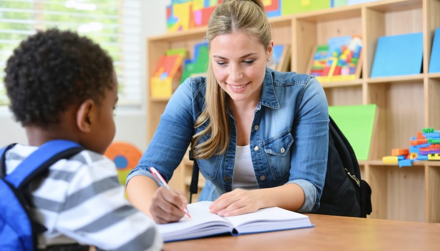 Parent and special education teacher sit together at a classroom table during an IEP meeting; the parent takes notes in a blank notebook as the teacher gestures, with a child’s backpack nearby and a softly blurred classroom in the background.