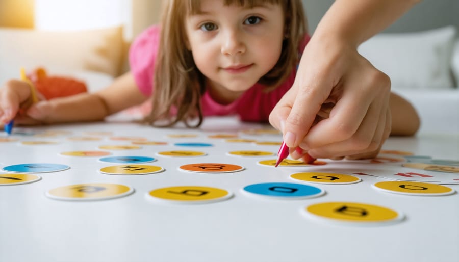Two kindergarten students playing together with picture-word memory cards on classroom floor