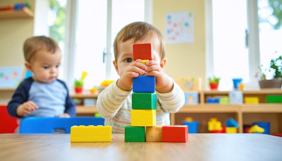 Three-year-old stacking colorful wooden blocks at a low table in a sunlit preschool classroom, with a sensory bin, pretend-play kitchen, and art easel softly blurred in the background, and a teacher observing supportively.