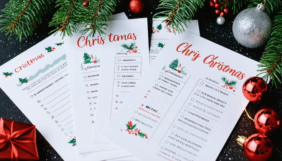 Assortment of printable Christmas game materials including bingo cards spread on classroom table